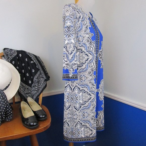 Studio One 3/4 Sleeve Floral Puff Print Shift Dress - Picture 5 of 11